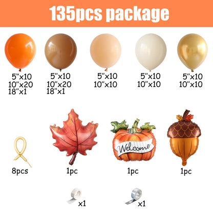 135pcs Pumpkin Maple Leaf Pine Cone Autumn Balloon Garland Orange Coffee White Sand Balloon Fall Thanksgiving Theme Party Decor