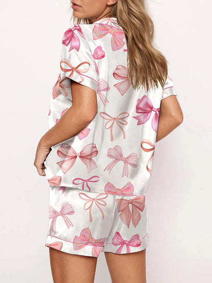 Pink Bow Silk Pajama Sets for Women 2 Piece